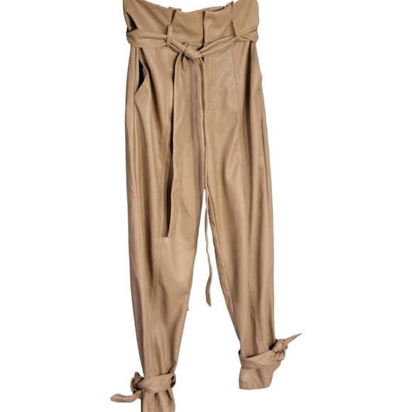Lucy Paris S Faux Leather Tan Paperbag Pants Tie Waist Ankle Wrap Chic Neutral - Picture 5 of 13